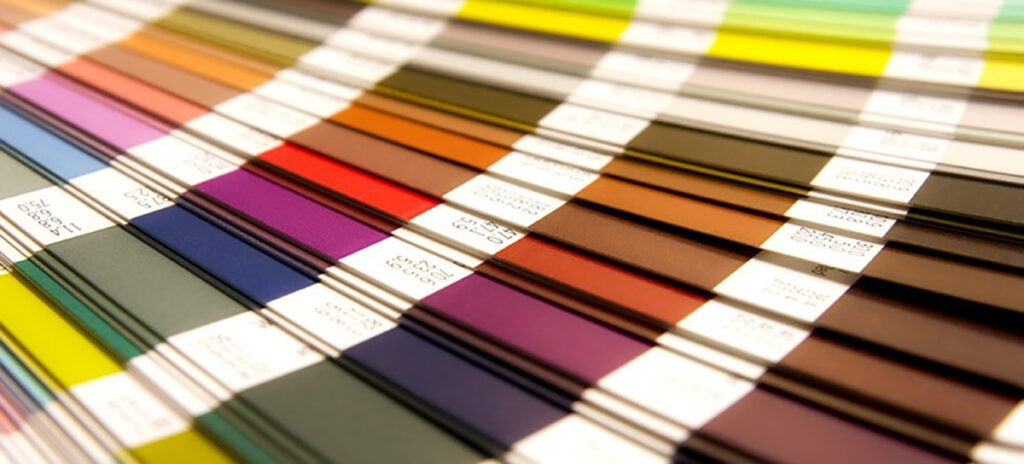 A photo of a splayed color swatch book