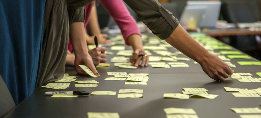 A photo of a card sort exercise in progress