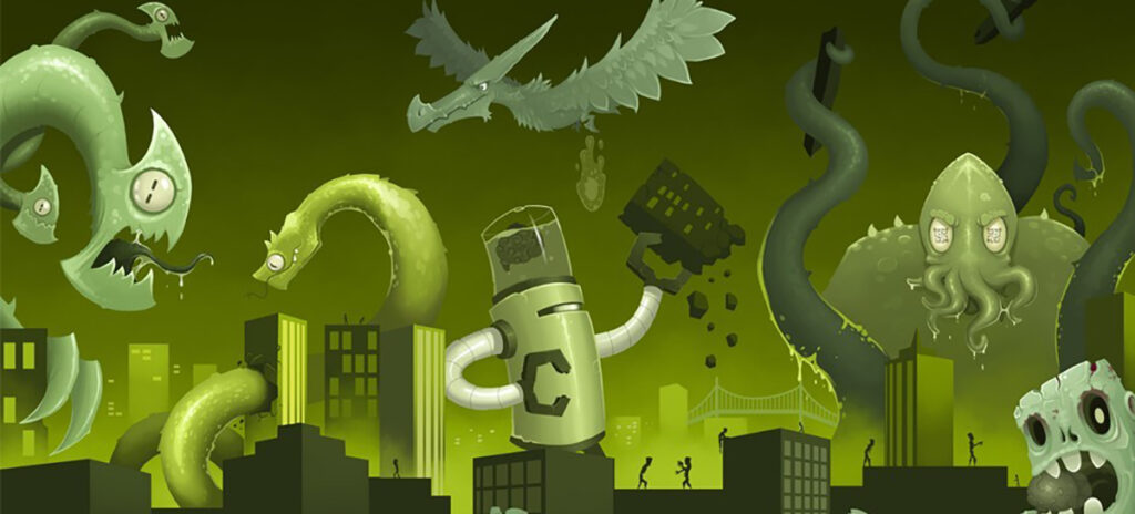 The illustrated monsters of web design rampaging through a cityscape