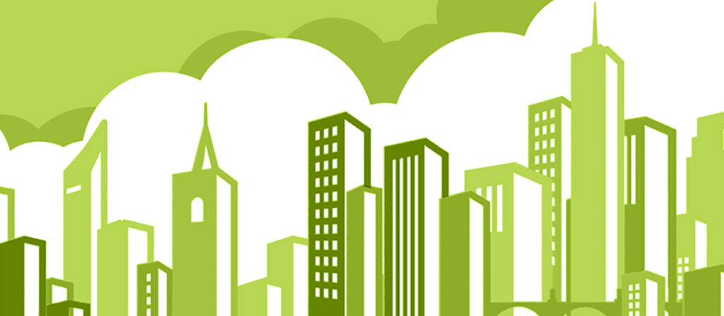 A stylized illustration of a cityscape with NewCity brand colors