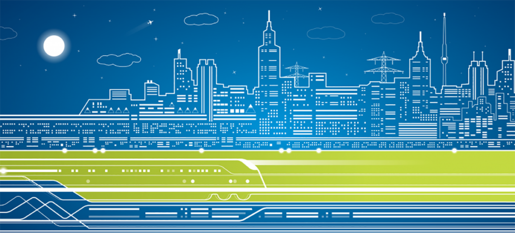 An illustration of a cityscape with high-speed rail system