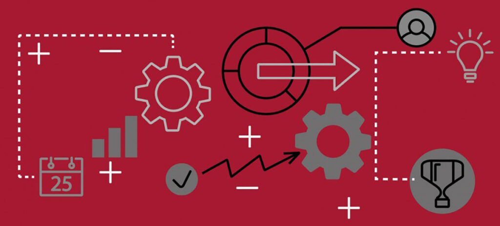 An illustration of design strategy with connecting cogs, people and other symbols