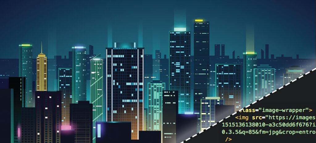 An image of a colorful city at night, with a perforated corner revealing code