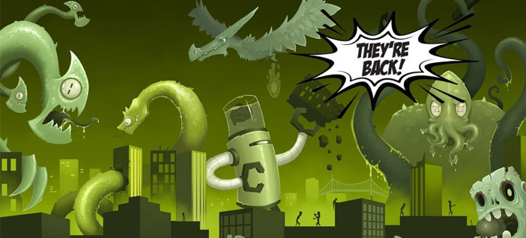 The illustrated monsters of web design rampaging through a cityscape