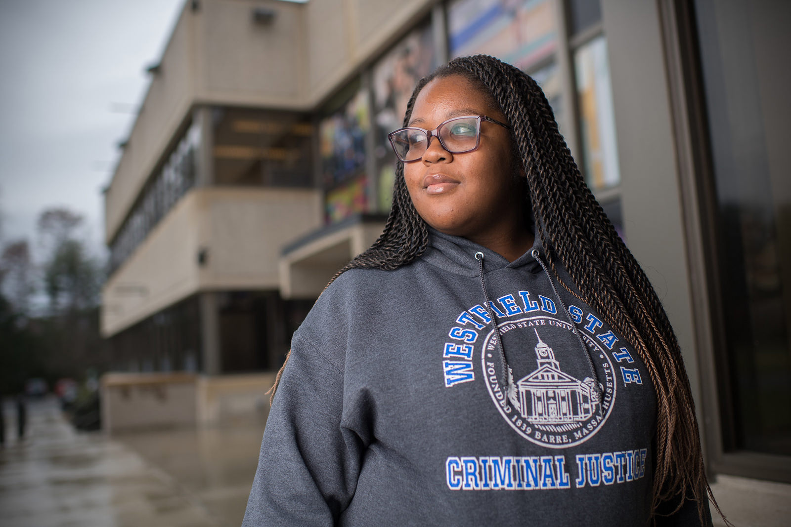 A female student studying criminal justice at Westfield State University