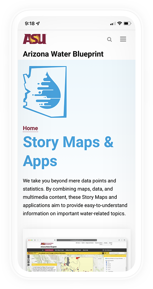 Screencapture of one of the Arizona Water Blueprint web pages on a mobile phone