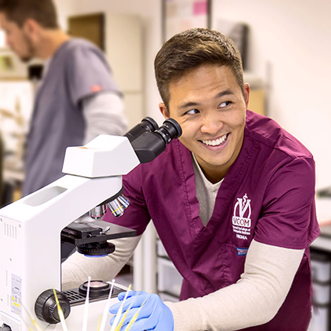 A VCOM student using a microscope