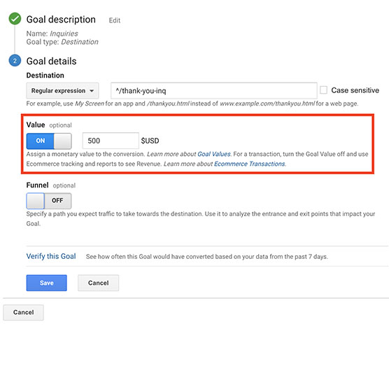Google Analytics screen shot of assigning a monetary value to a conversion