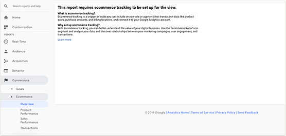 Ecommerce tracking report in Google Analytics