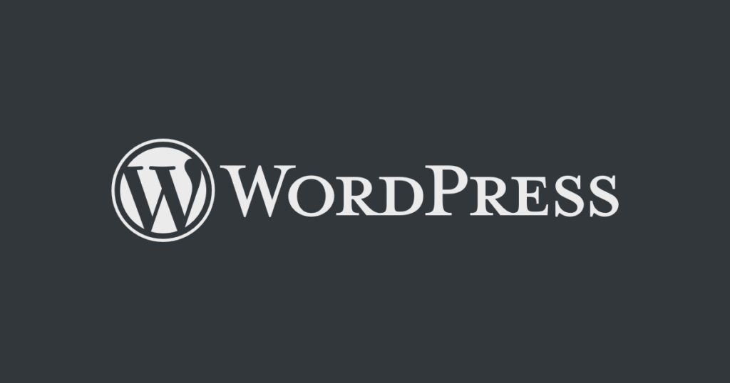 The WordPress logo in white on a dark gray background