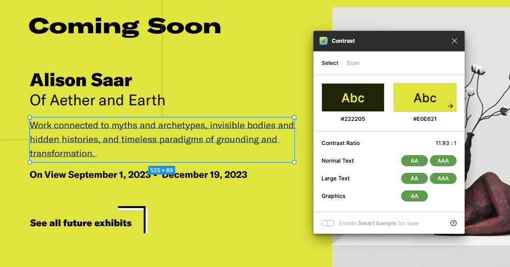 Contrast Figma plugin inspecting paragraph text in a media and text component, black text (#222205) on yellow background (#E0E621) passes all WCAG AA, AAA with ratio 11.93 : 1