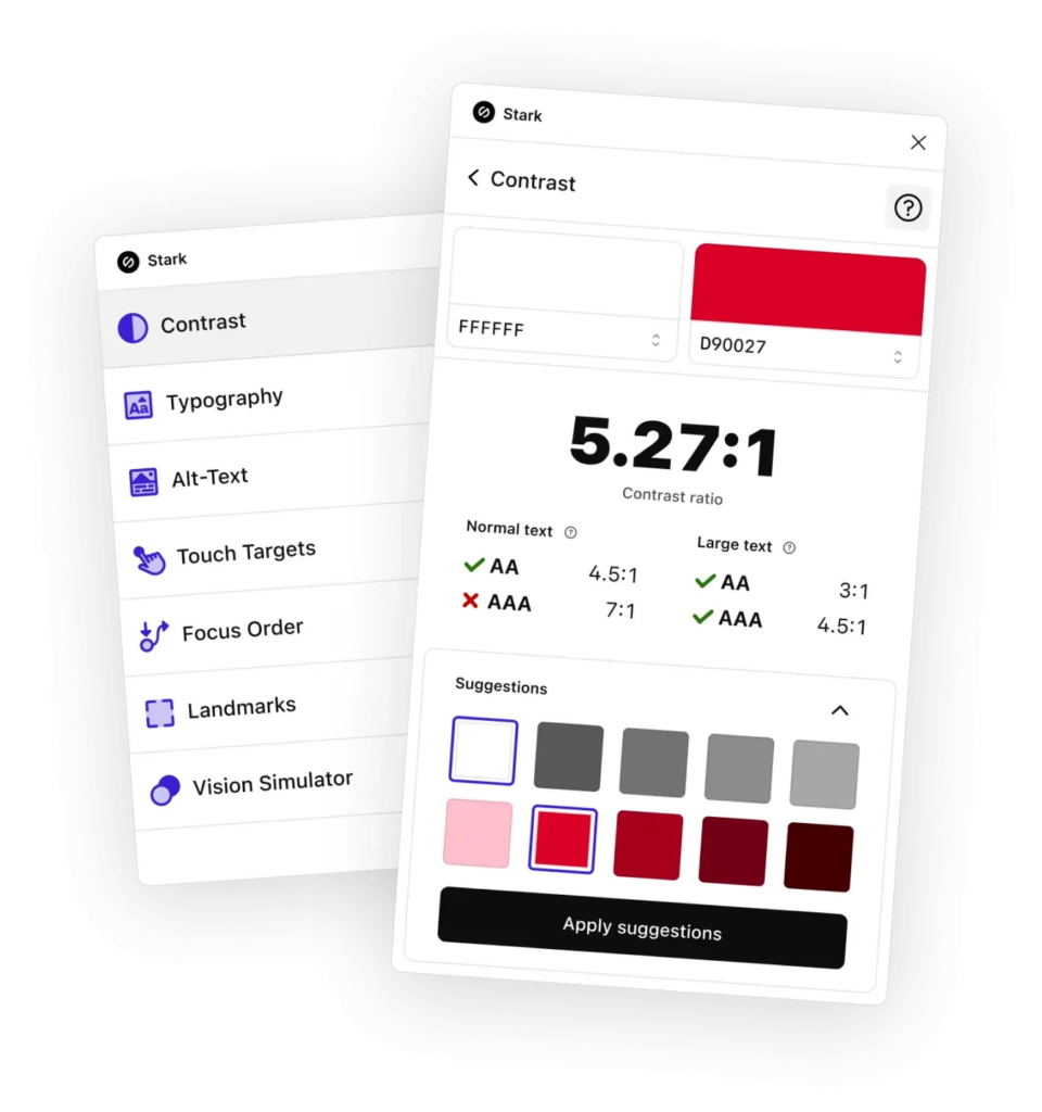 Stark Figma plugin screenshot showing white (#FFFFFF) and red (#D90027) color swatches with 5.27:1 contrast ratio, alternative color swatches are suggested