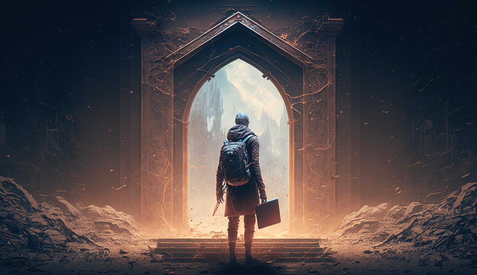 A heroic image of a weary developer standing at the gates of time with a laptop in hand 16:9