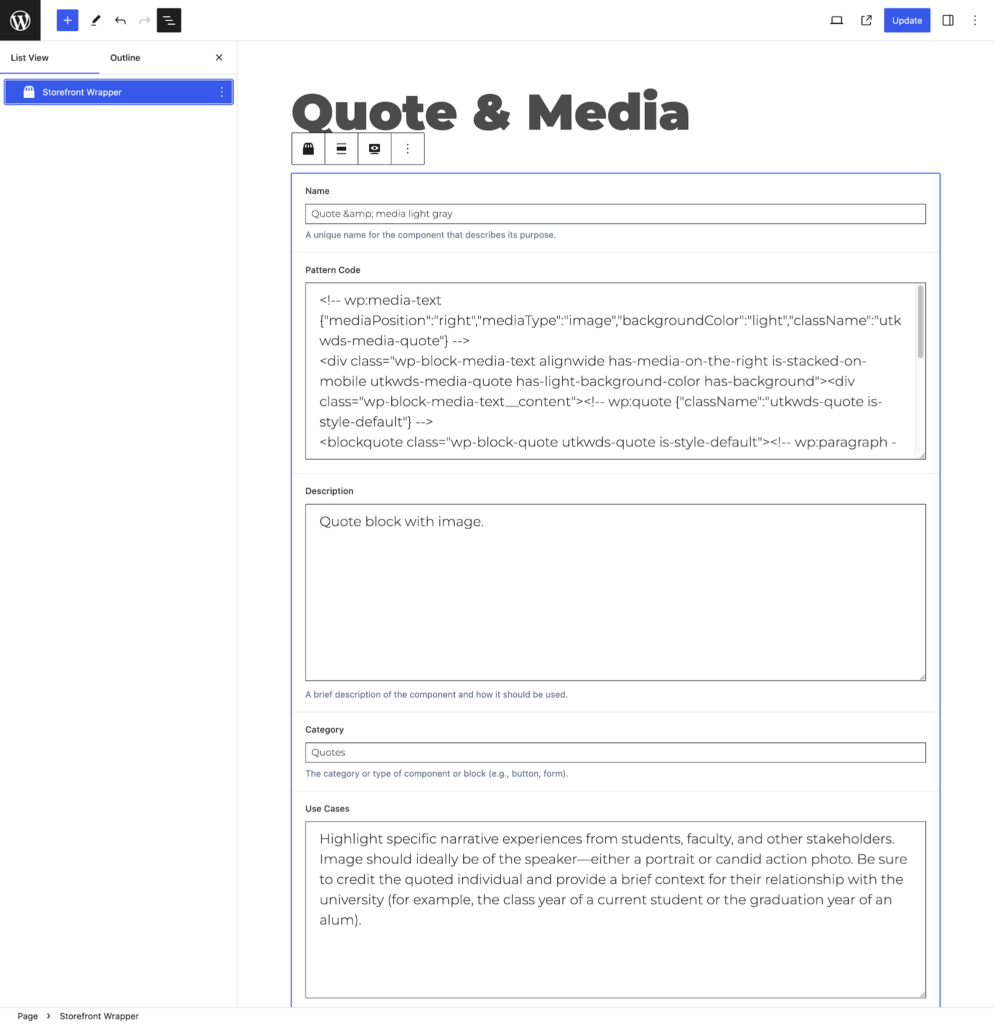 Example of a WordPress back-end CMS interface for entering a content block, in this case a quote that will be shown alongside some media