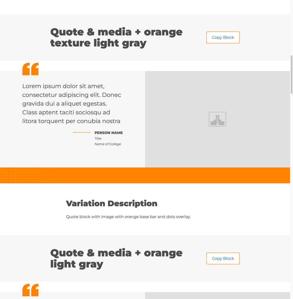 Example of the front end view of a content block with a quote alongside media