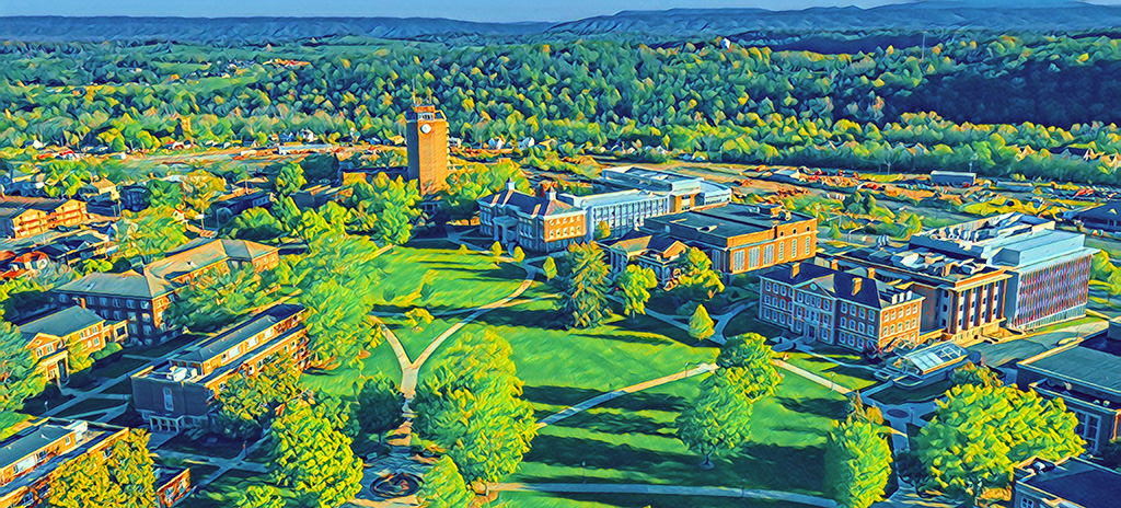 Radford University aerial view in painterly style