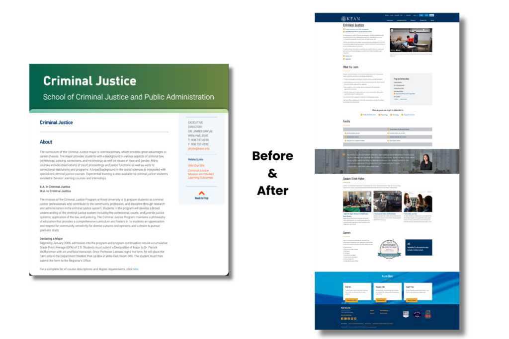Kean University's criminal justice pages, before and after redesign