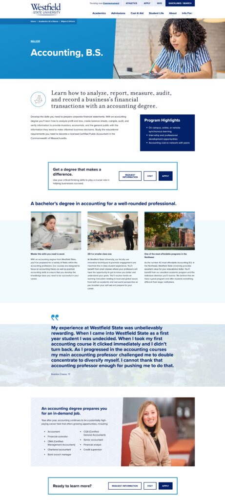 A screenshot of Westfield State University's Accounting BS program web page
