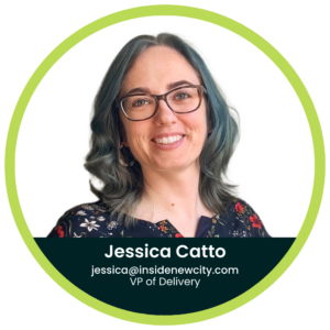 A headshot graphic of Jessica Catto, NewCity's VP of Delivery
