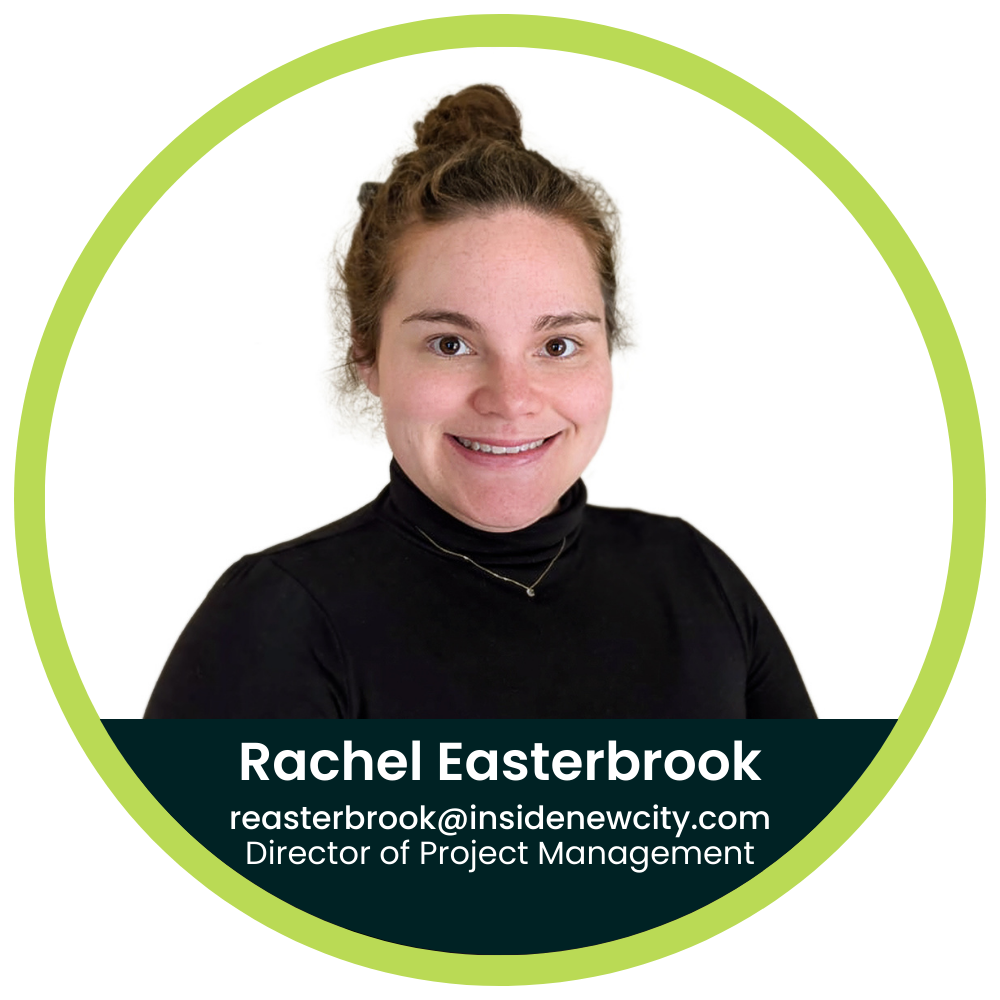 a headshot graphic of Rachel Easterbrook, NewCity's Director of Project Management