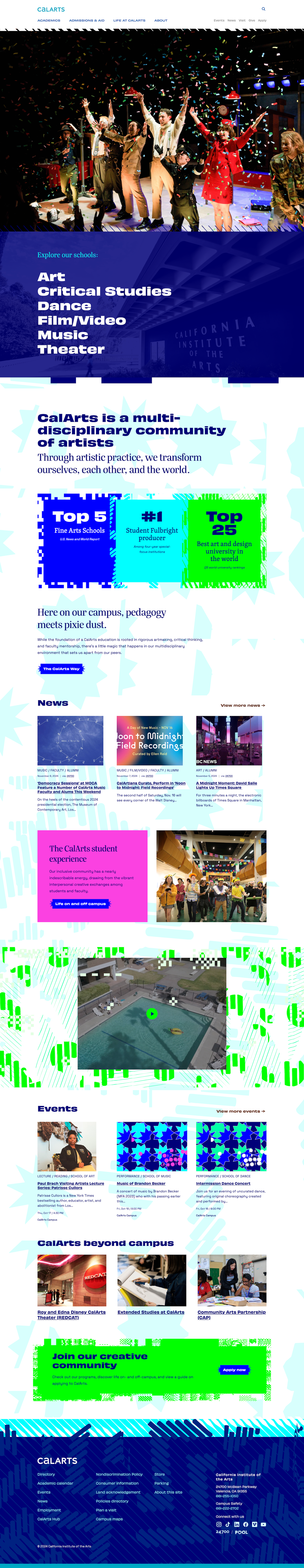 A scrollable screenshot of CalArts' website home page