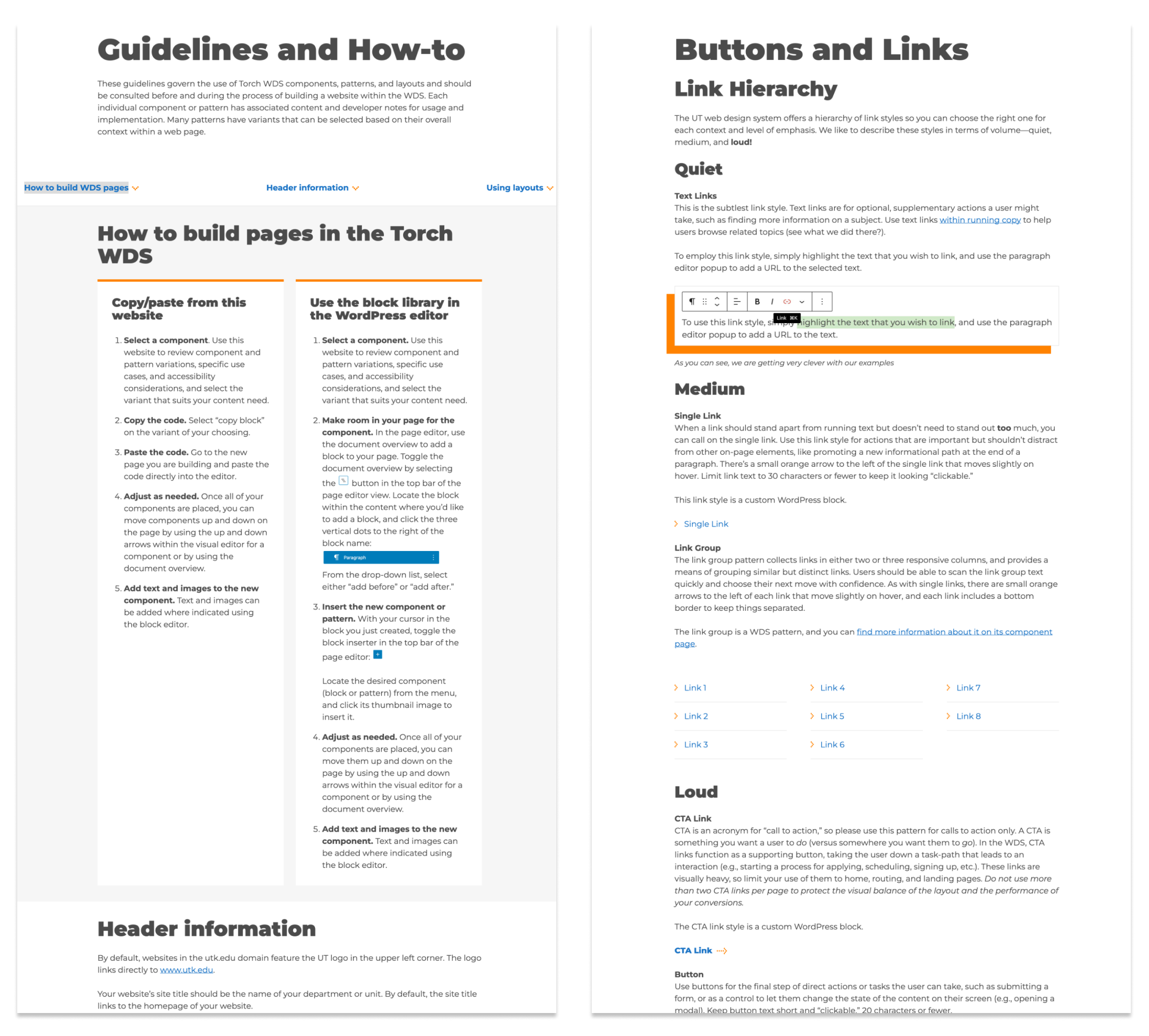 Examples of guidelines and how-to pages inside UTK's WDS