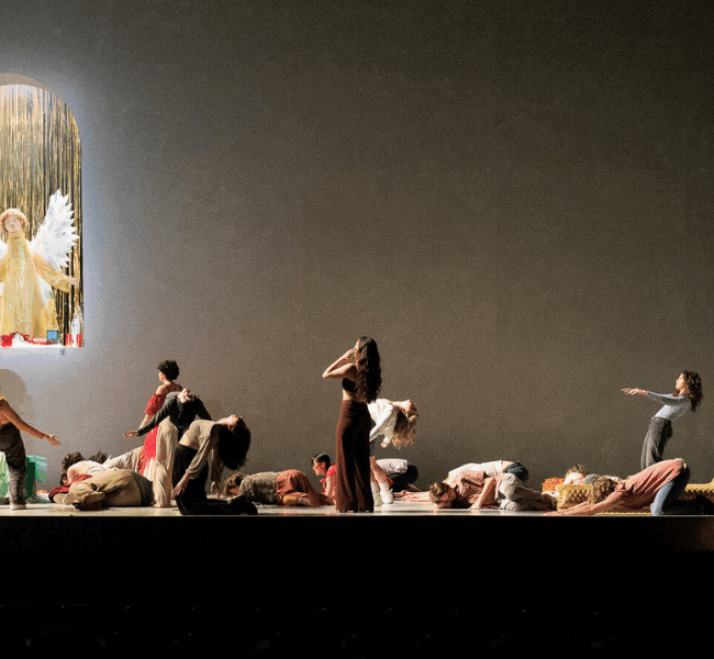 Actors onstage performing in CalArts production of El Misterio