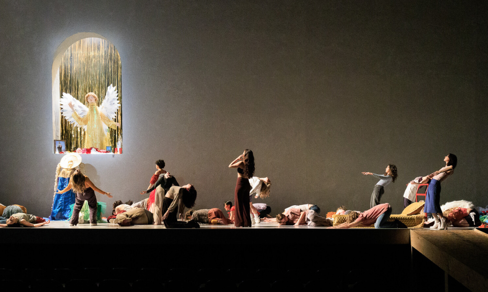 Actors onstage performing in CalArts production of El Misterio