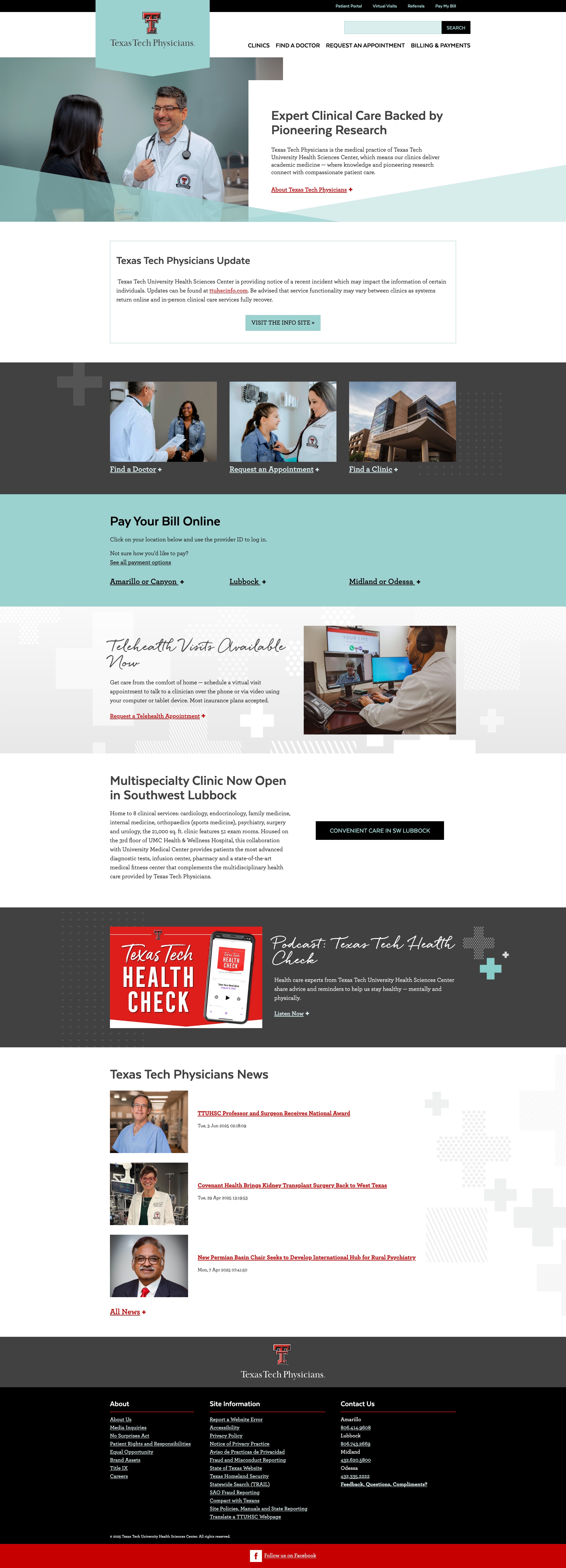 A screenshot of texas tech physicans redesigned homepage