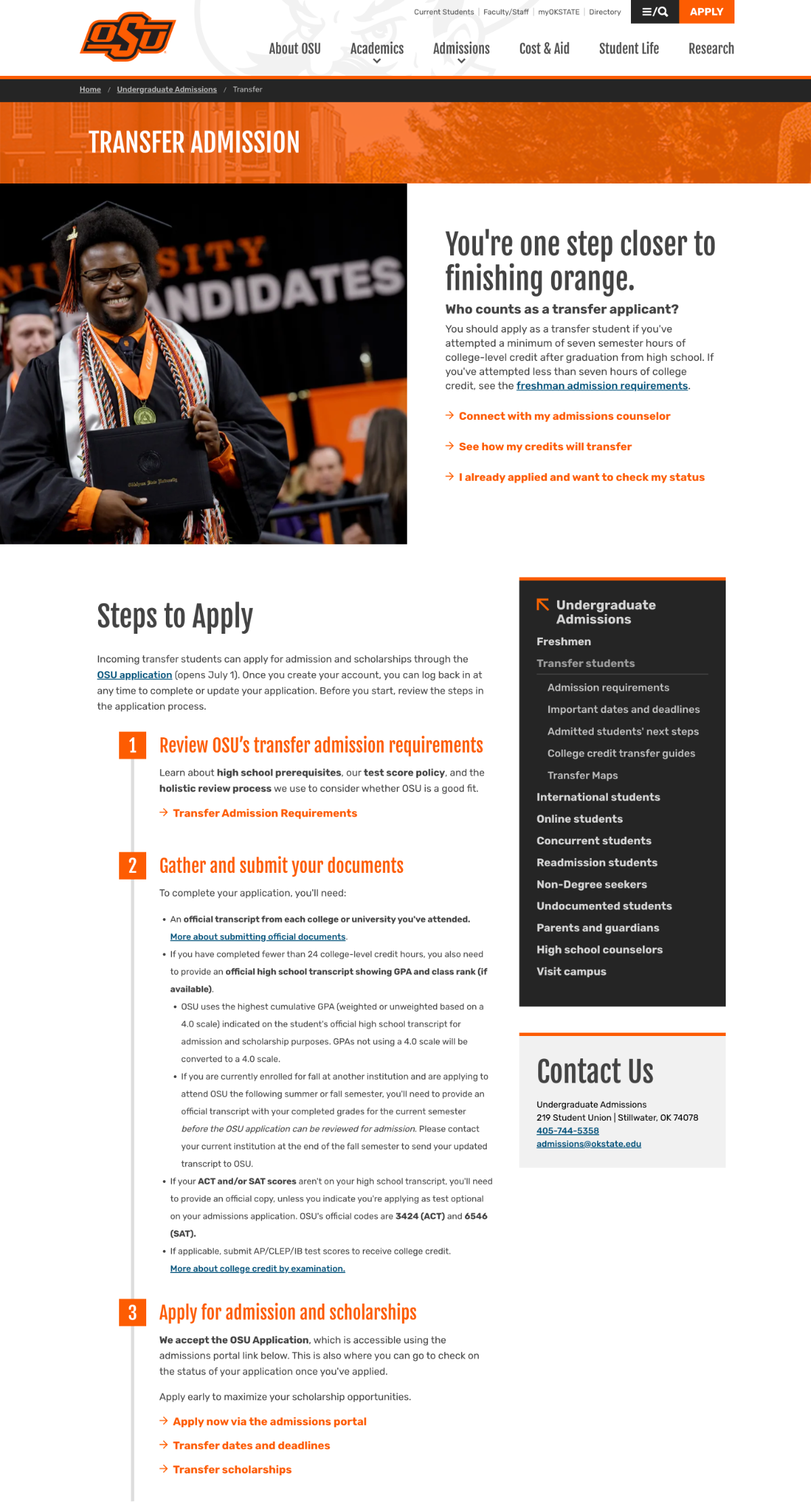 Oklahoma State University Transfer Admissions page