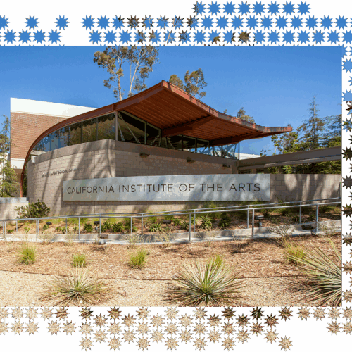Photo of CalArts campus, masked with patterns