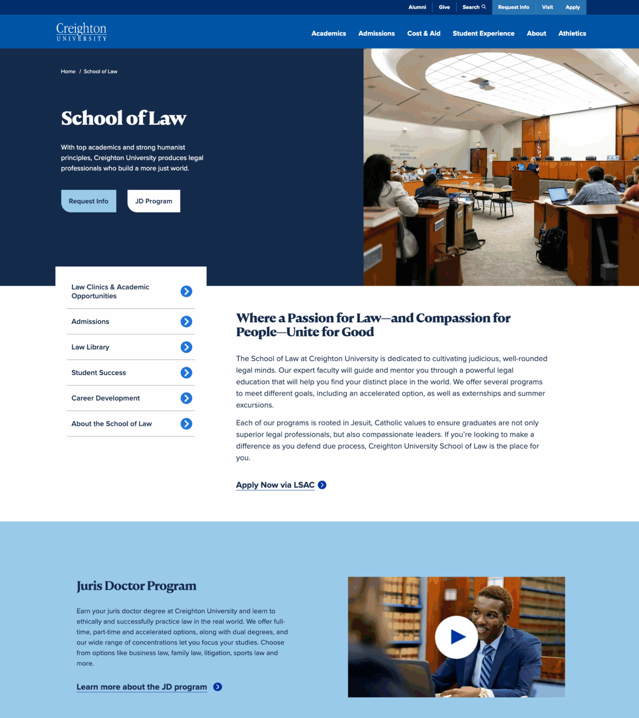 A screenshot of Creighton's School of Law page which links to other important pages within the user journey