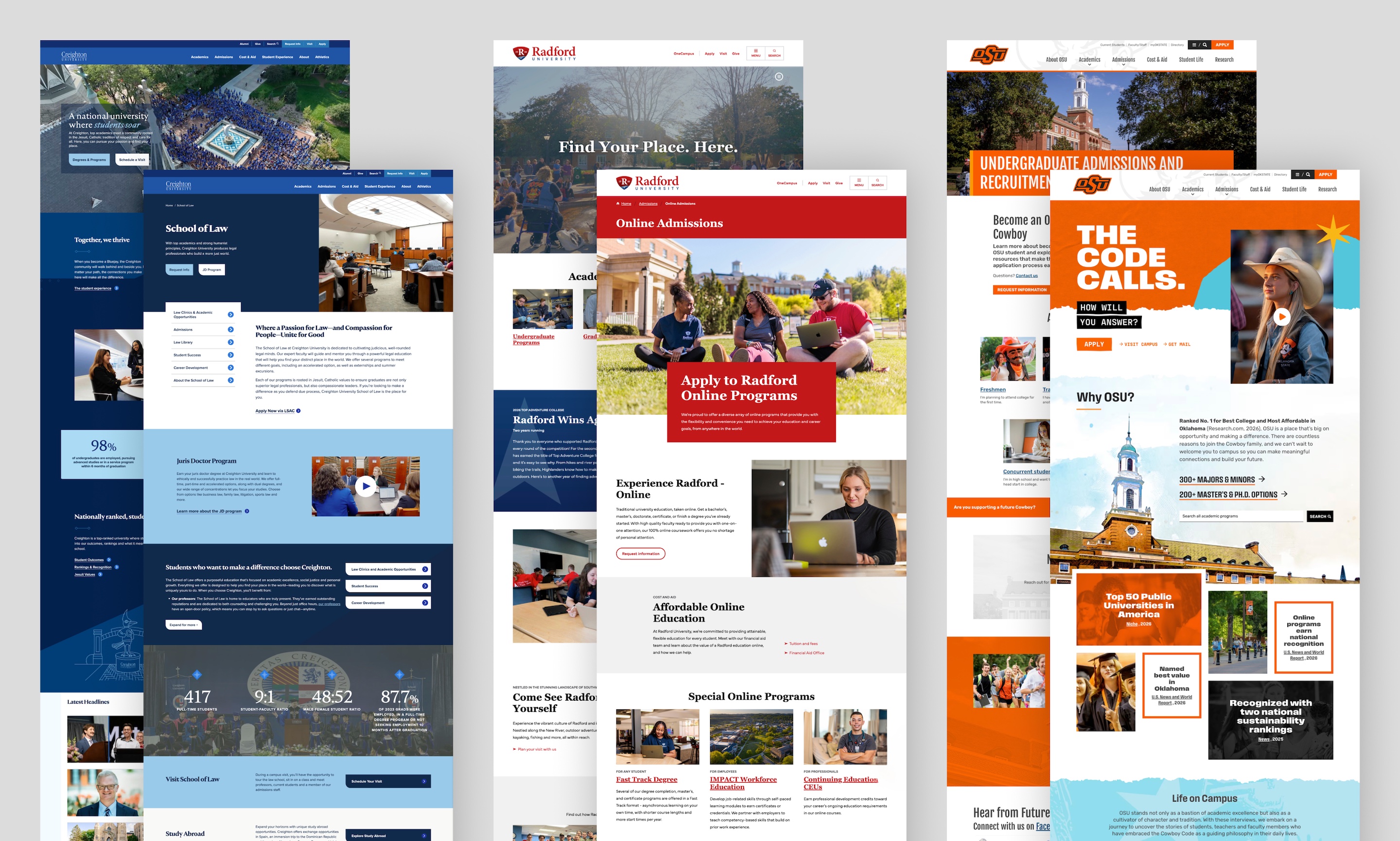 web page mockups for Creighton University, Radford University and Oklahoma State University